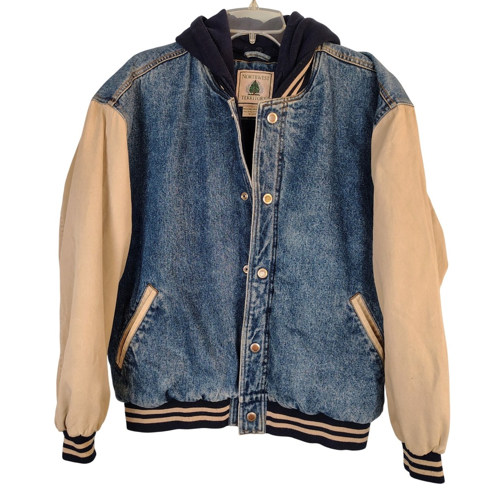 VTG Northwest Territory Vintage Denim Varsity Jacket Hooded Quilted Blue Tan Med